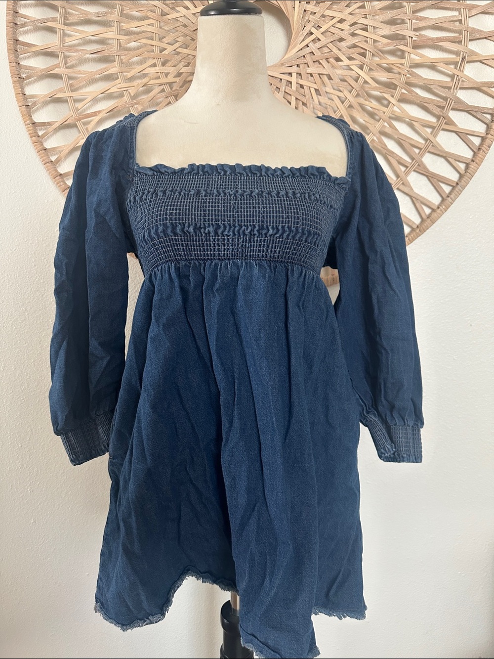 Free People Denim Smocked Square-Neck Dress